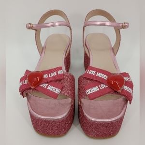 Love Moschino Pink Glitter Ankle Strap Platform Wedge Sandals